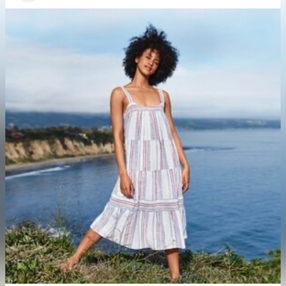 Gap Tall Midi Dress M Linen Blend Striped Summer Vacation Resort Old Money chic - Picture 1 of 16